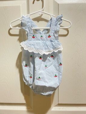 Summer Baby Girl Cherry Romper Blue Stripe Smocked Eyelet 9M